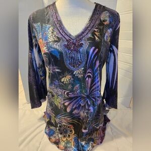 BLEU B.L.E.U. Sz PL Blouse Purple multi colored V-neck shirt Retro Boho Y2k